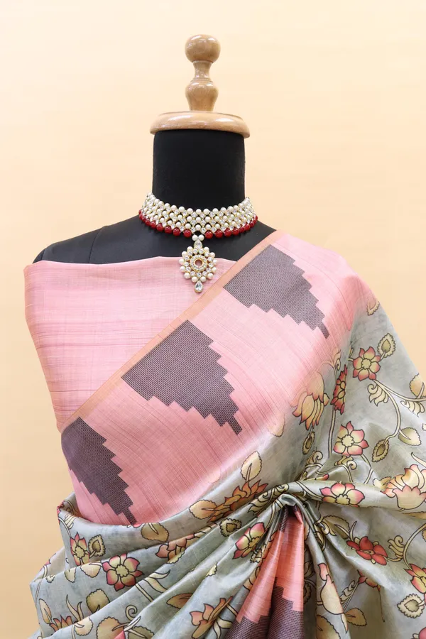 Sea_Blue_Smooth_Silk_Saree_With_Kalmkari_Print